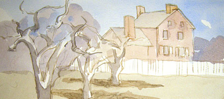 Orchard in front of the Stone Tolan House in Rochester, NY painted by Leo Dodd