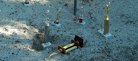 Basketball trophies in the horseshoe pits