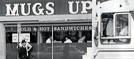 Mugs Up on the corner of Gibbs Street and Main in Rochester, New York 1976