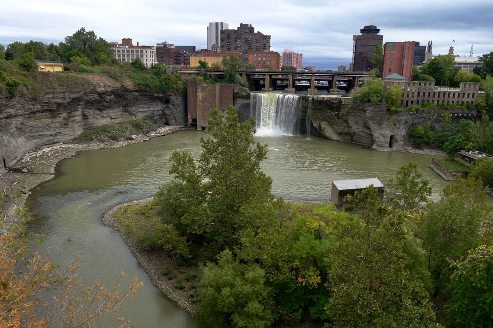 High Falls and gorge by Genesee Brewery in Rochester, New York