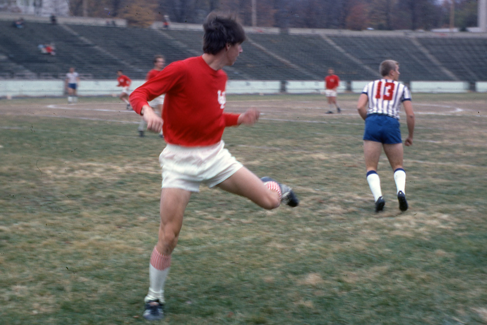 Paul Dodd playing soccer for Indiana University verses Saint Louis in 1968