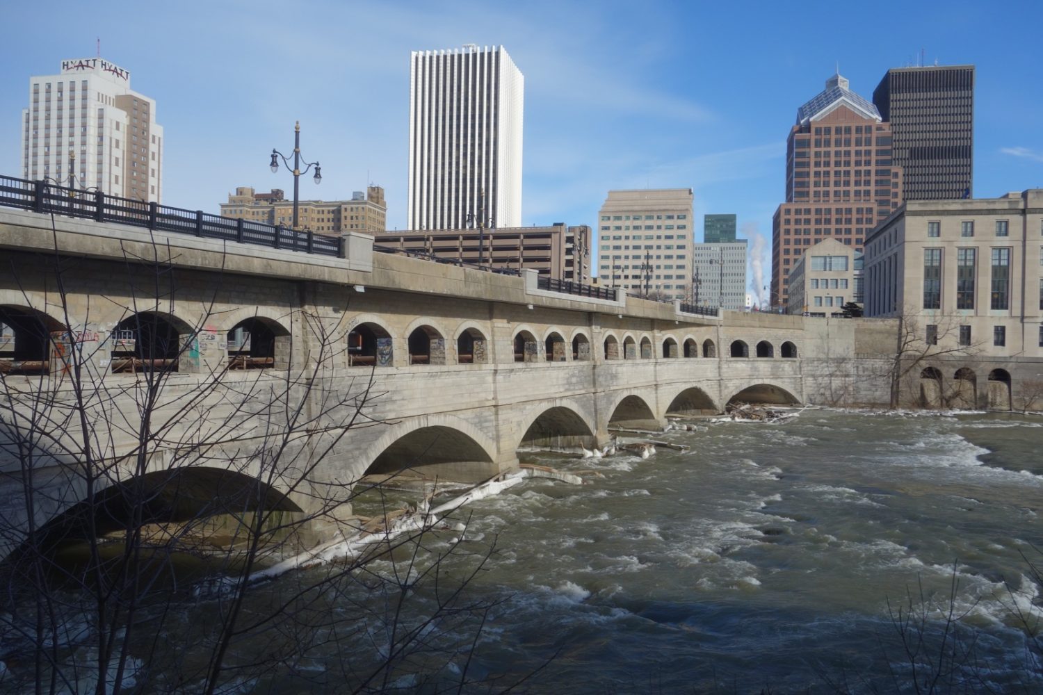 Broad Street Bridge from the west side of the Genesee River in Rochester, New York