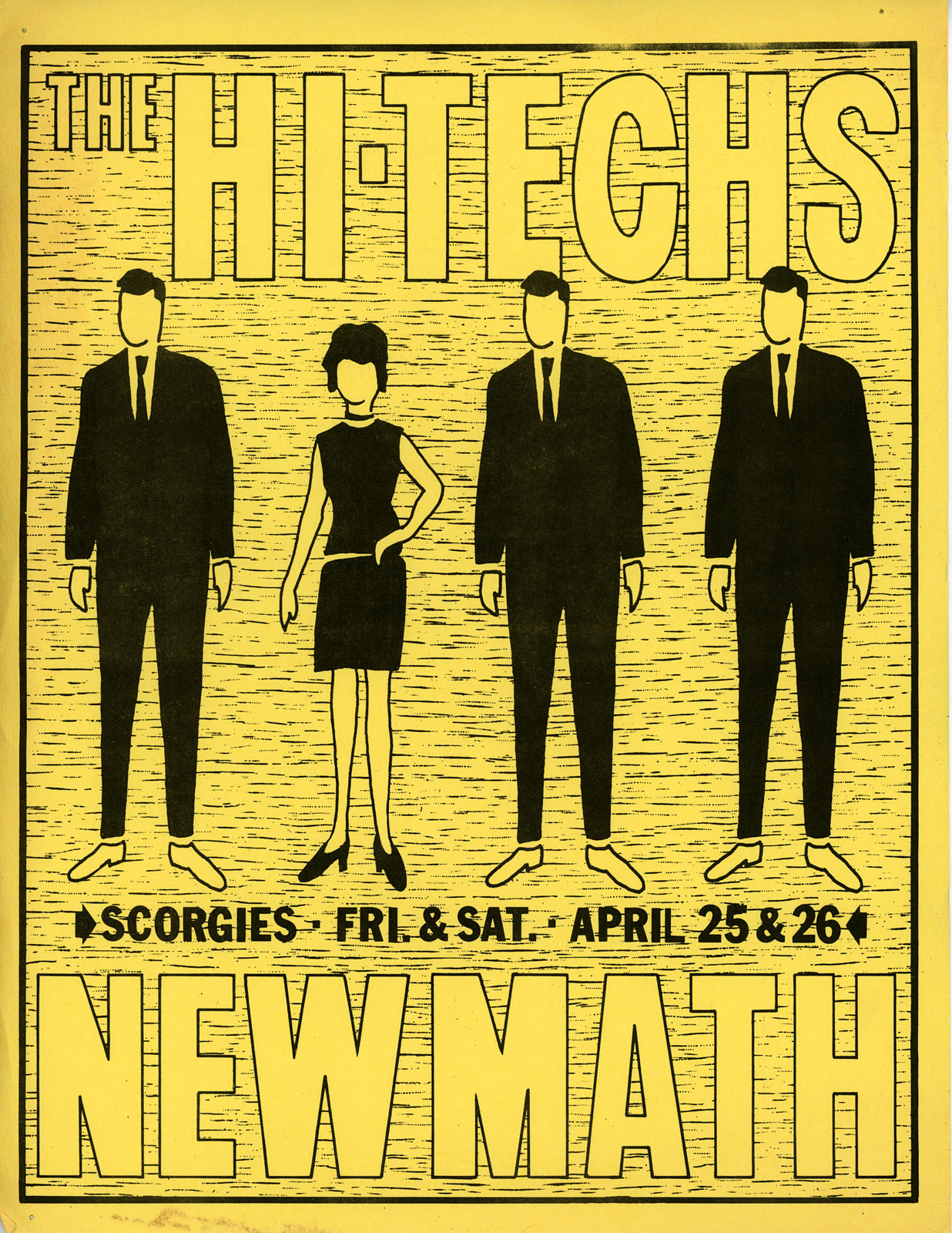 Poster for Hi-Techs and New Math at Scorgies in Rochester, New York on 04.25.1980 and 04.26.1980.