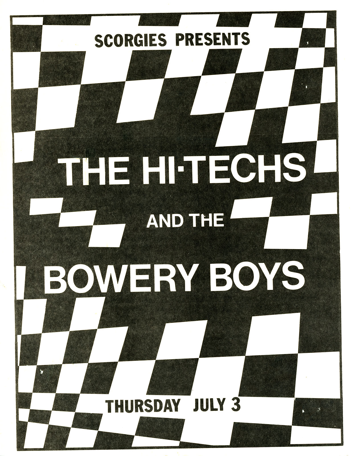 Poster for Hi-Techs and Bowery Boys at Scorgie's in Rochester, New York 07.03.1980