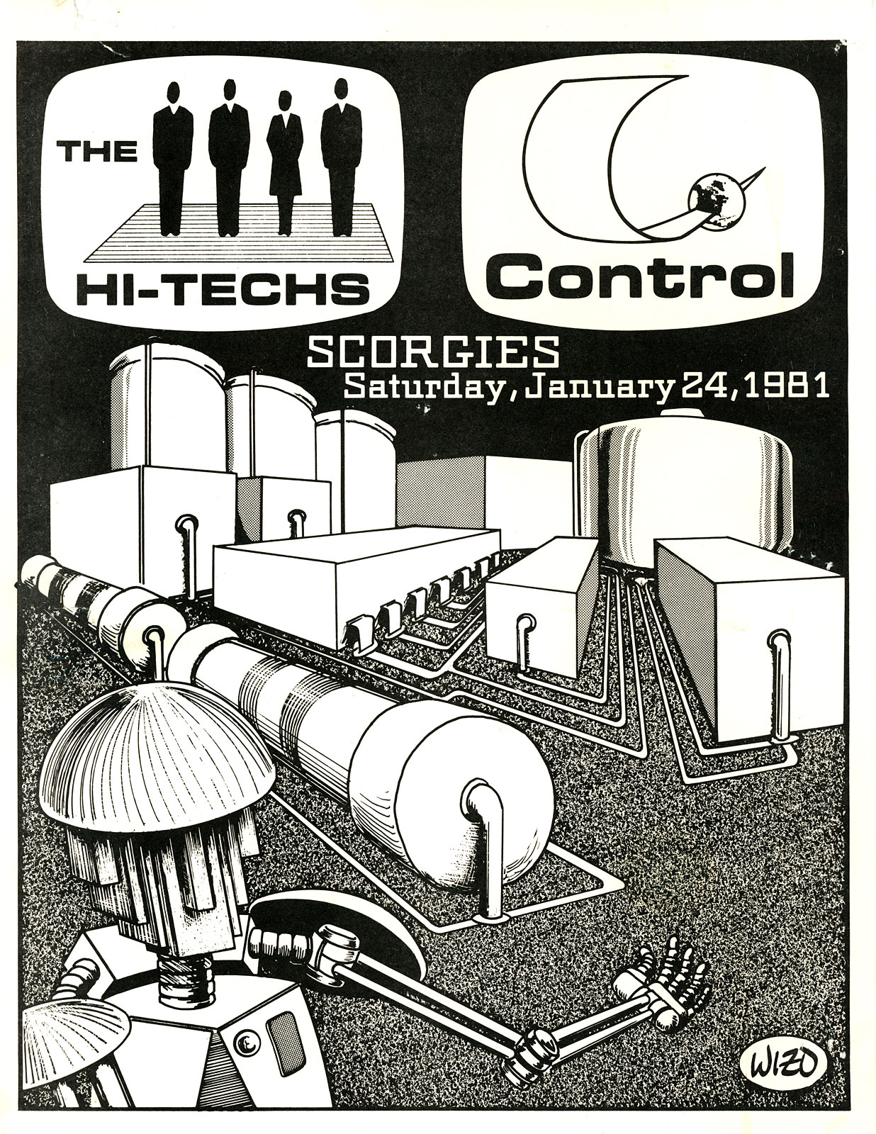 Poster for Hi-Techs_with Control at Scorgie's in Rochester, New York 01.24.1981. Someone in Control designed this poster.