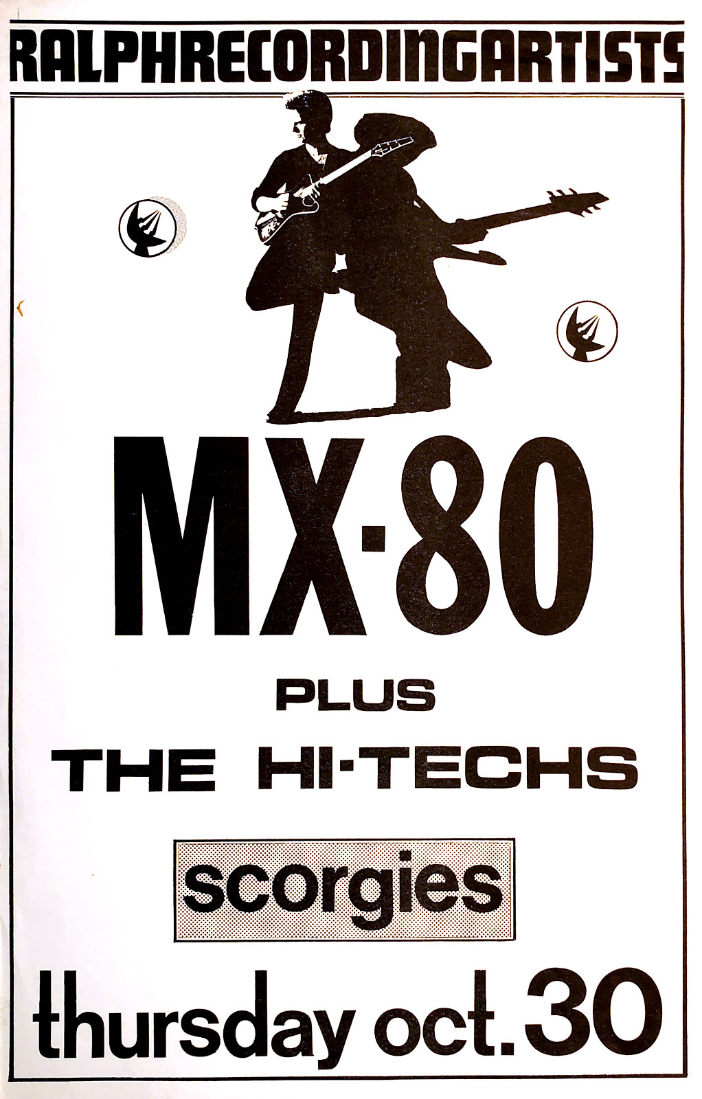 Poster for MX-8 Sound with Hi-Techs_at Scorgies in Rochester, New York 10.30.1980