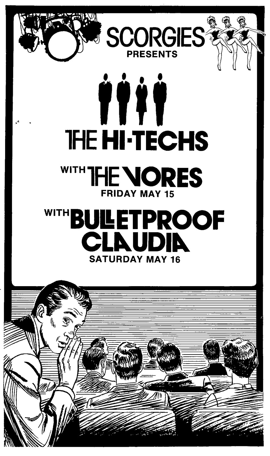 Poster for Hi-Techs with The Vores at Scorgie's in Rochester, New York on Friday 05.15.1981 and Hi-Techs with Bulletproof Claudia on Saturday 05.16.1981