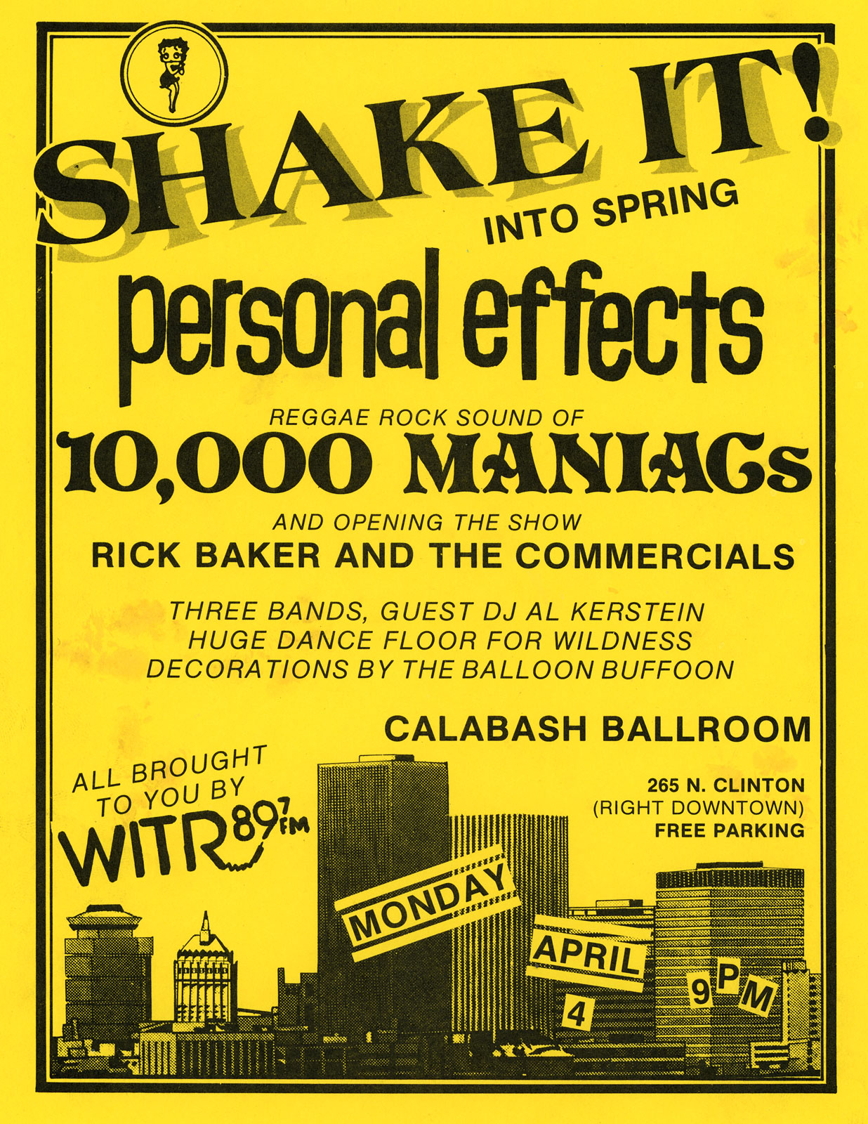 Poster for Personal Effects. 10,000 Maniacs and Rick Baker at Calabash in Rochester, New York 04.04.1983