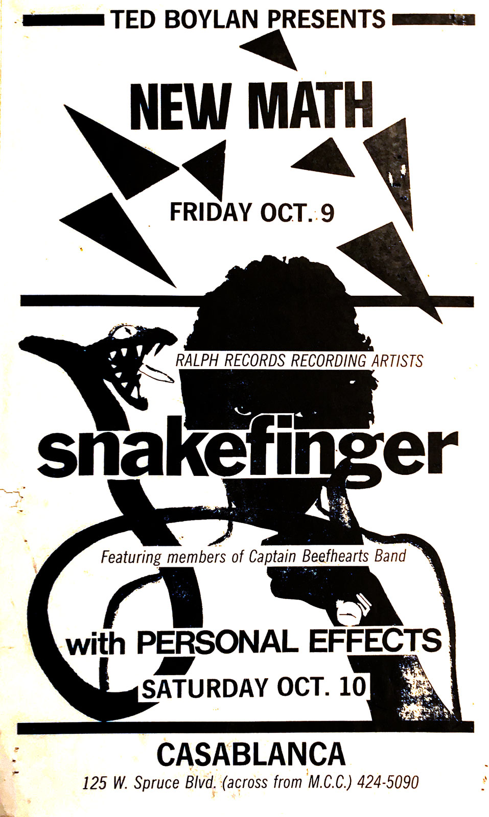 Poster for Snakefinger with Personal Effects at Casablanca in Rochester, New York on 10.12.1985. A Ted Boylan Production. New Math played the same club the night before.