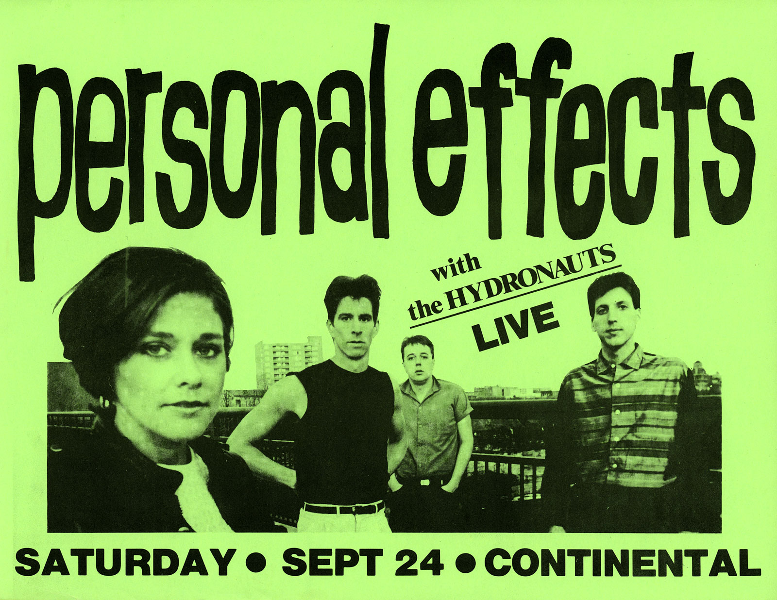 Poster for Personal Effects at The Continental in Buffalo New York with The Hydronauts on 09.24.1983