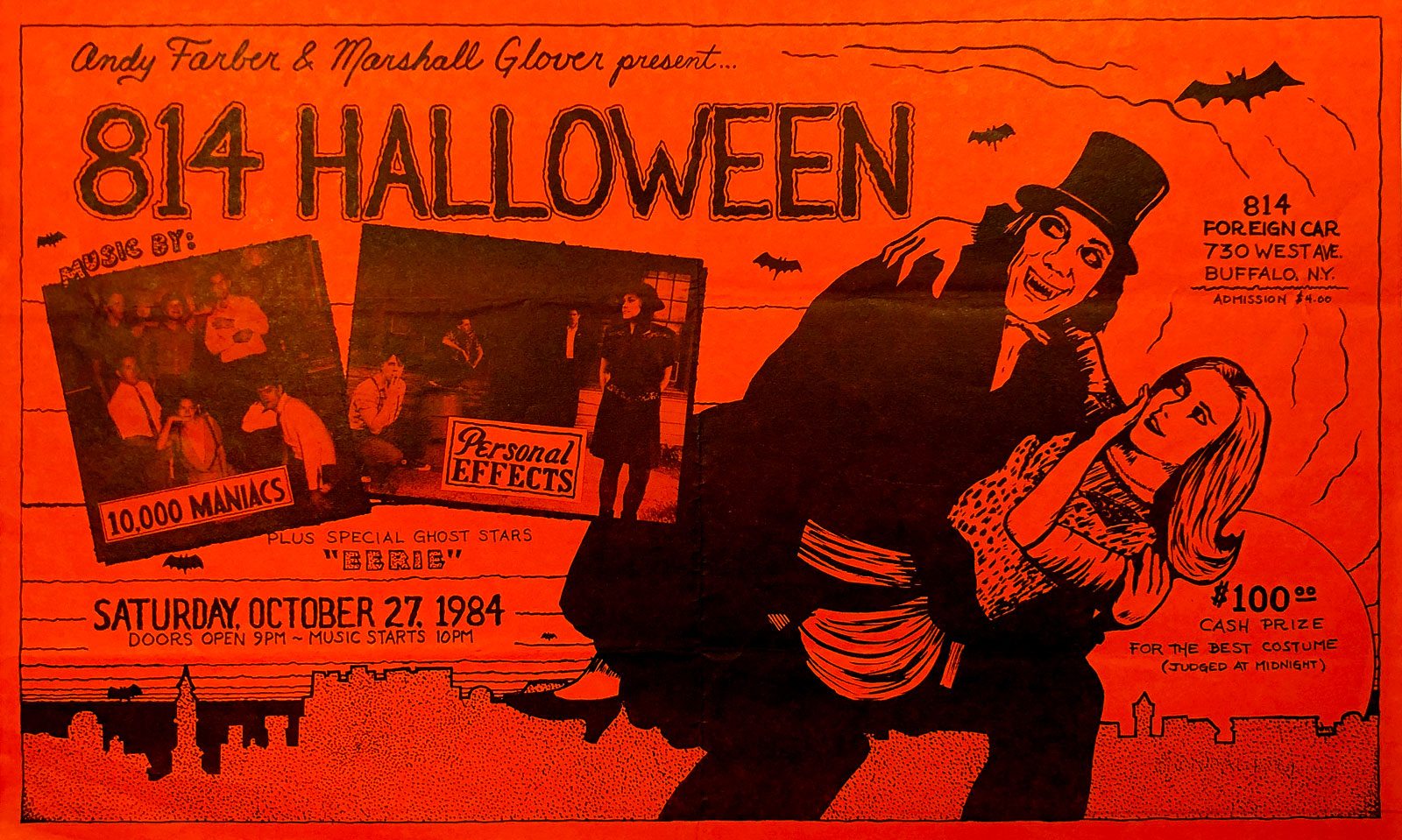 Poster for Halloween gig with Personal Effects and 10,000 Maniacs at Foreign Car Garage in Buffalo, New York on 10.27.1984