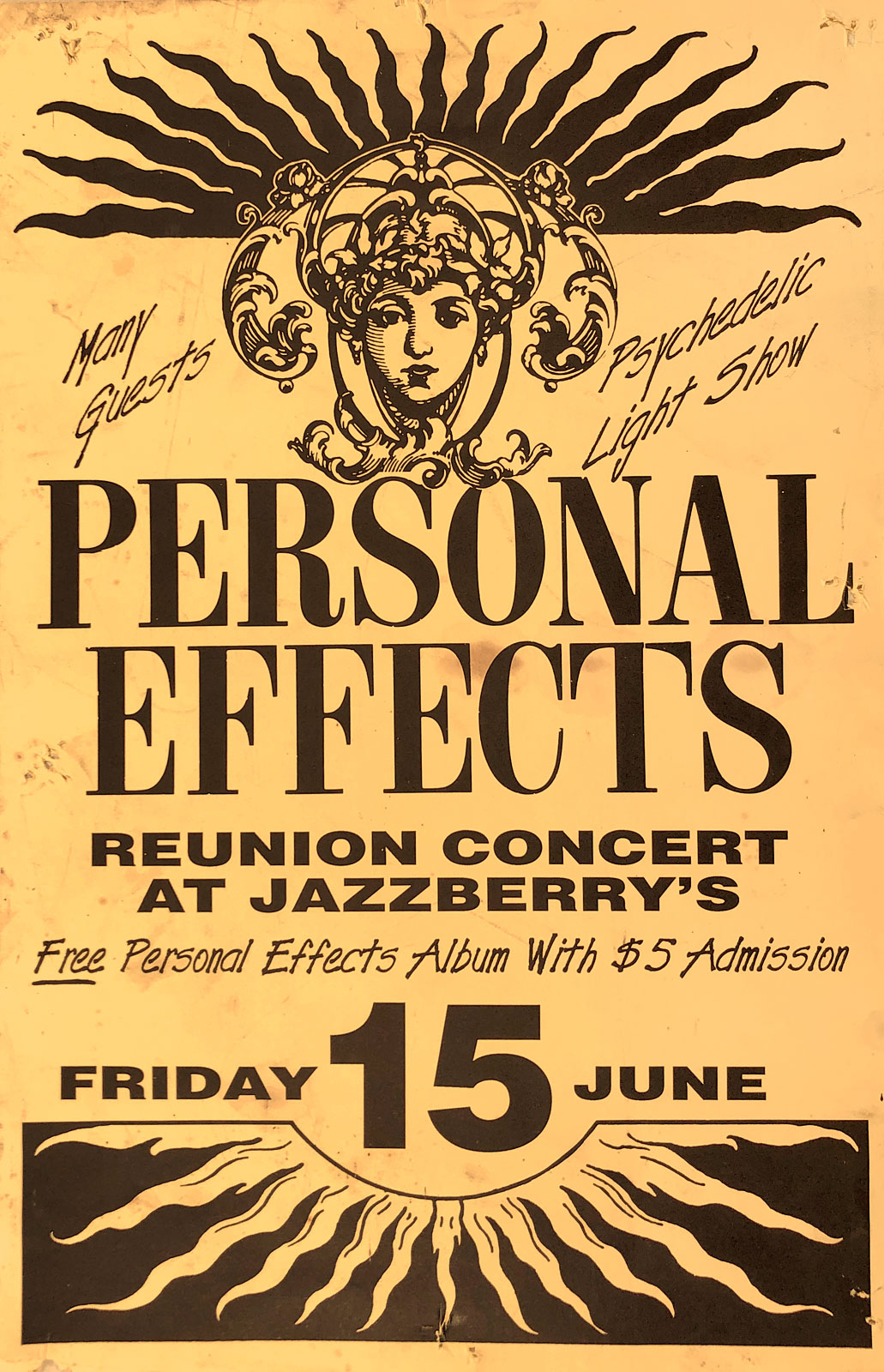 Poster for Personal Effects Reunion Concert at Jazzberry's in Rochester, New York on 06.15.1990