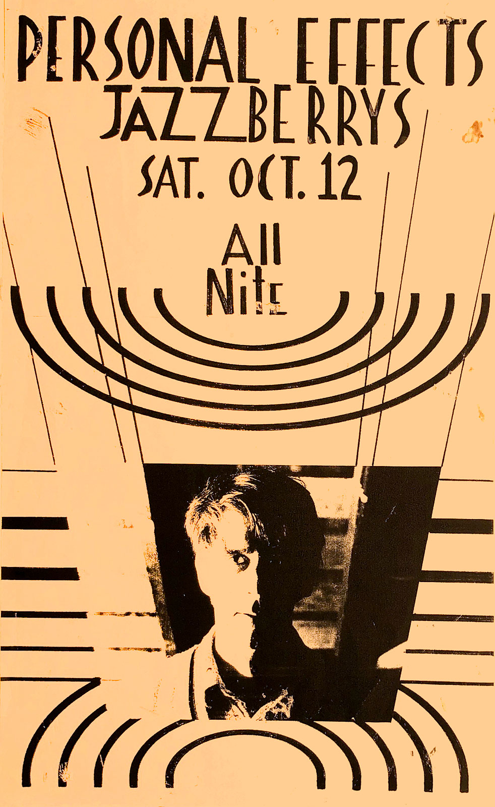 Poster for Personal Effects at Jazzberry's in Rochester, New York on 10.12.1985. Peggi Fournier designed this poster.