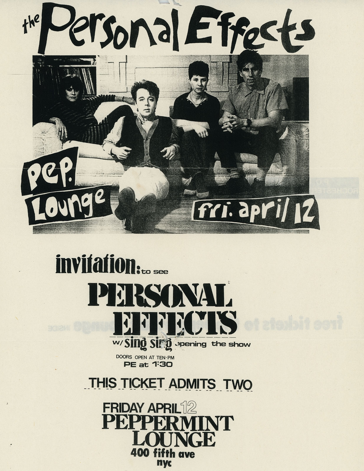 Poster for Personal Effects at Peppermint Lounge in New York City 04.12.1985