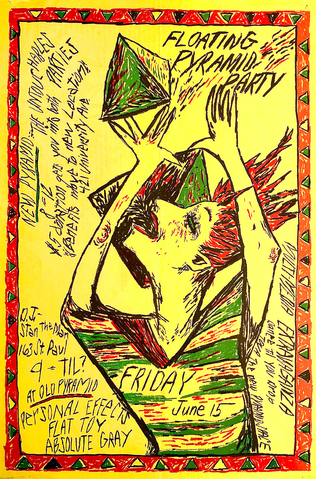 Poster for Personal Effects, Flat Toy and Absolute Grey at the Pyramid Art Center in Rochester, New York on 06.15.1984. Poster designed by Julianna Furlong Williams.