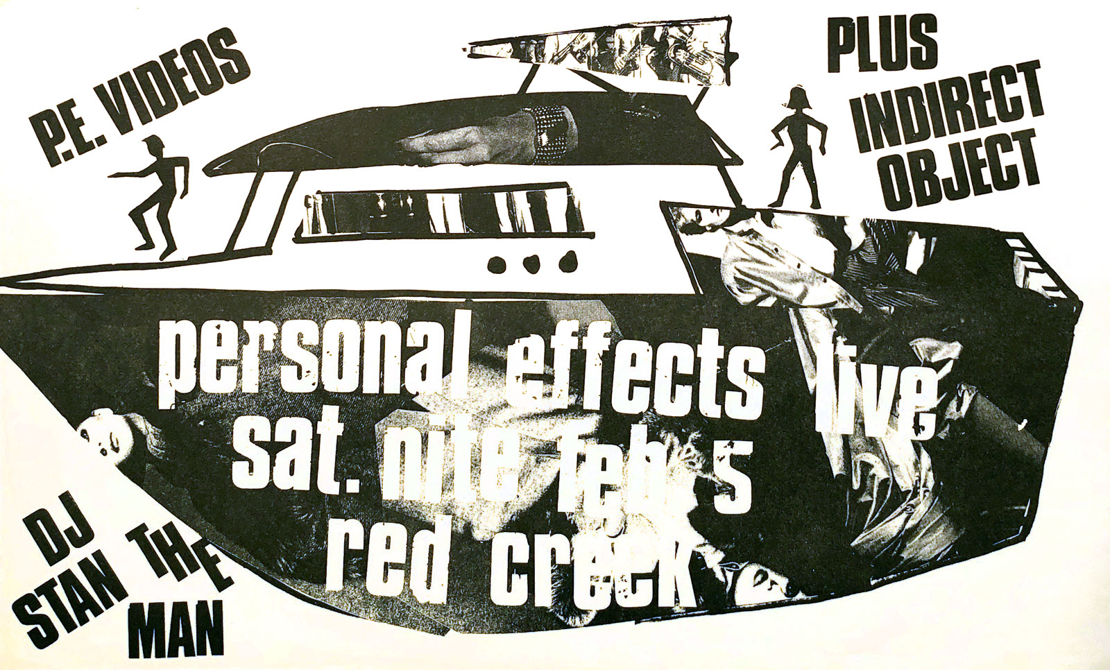 Poster for Personal Effects with Indirect Object at Red Creek in Rochester, New York on 02.05.1983. Indirect Object included future members of Squires of the Subterrain and The Hi Risers.
