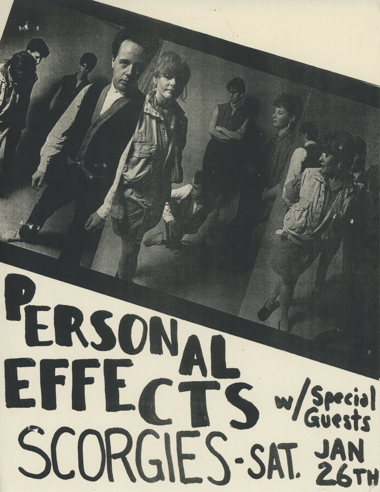 Poster for Personal Effects at Scorgies in Rochester, New York 01.26.1985. Bob Martin designed this poster.