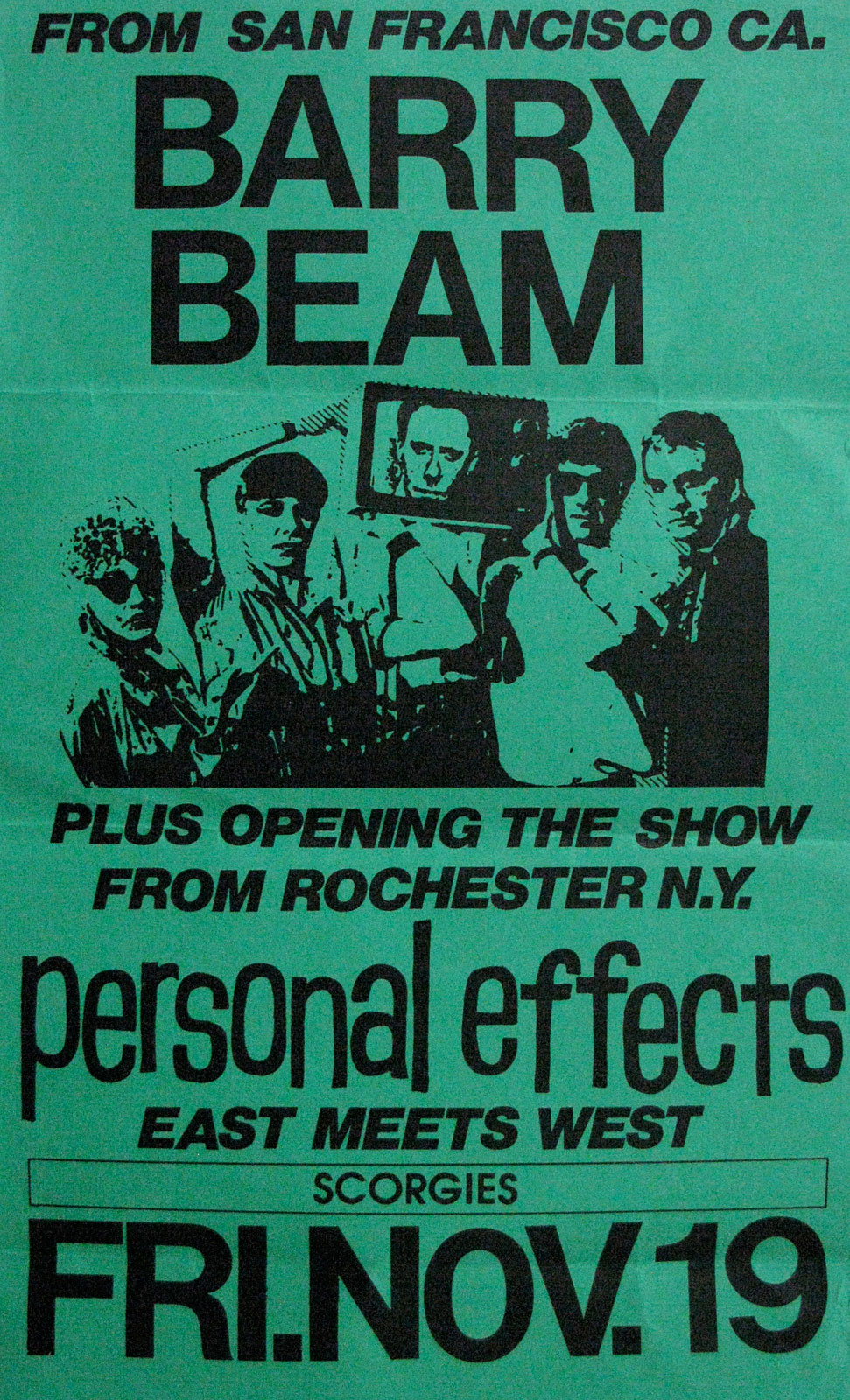 Poster for Personal Effects with Barry Beam at Scorgie's in Rochester, New York 11.19.1982
