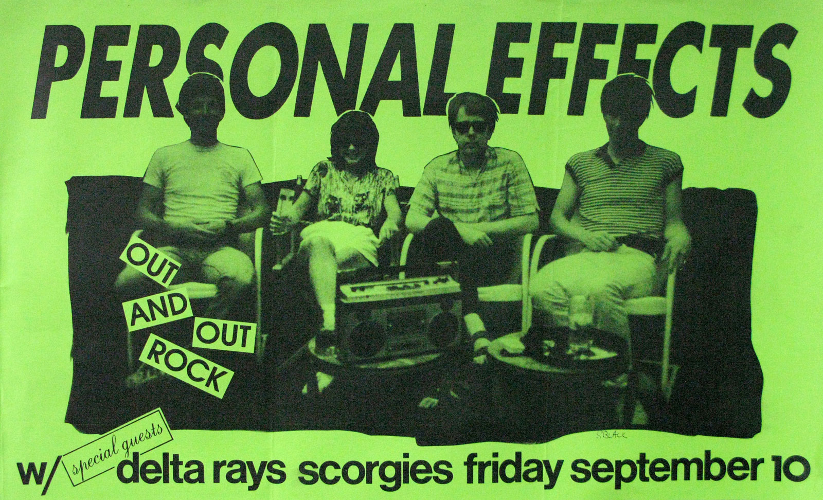 Poster for Personal Effects with the Delta Rays at Scorgie's in Rochester, New York on 09.10.1982