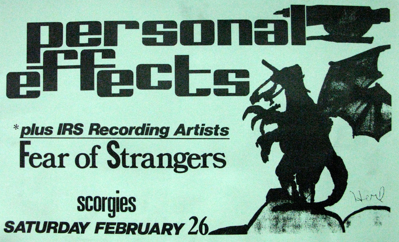 Poster for Personal Effects with Fear of Strangers at Scorgies in Rochester, New York 02.26.1983