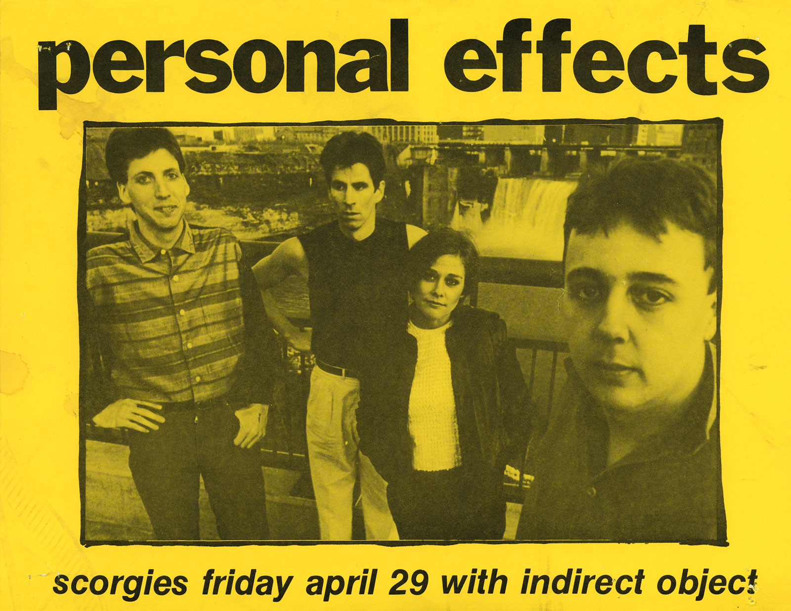 Poster for Personal Effects with Indirect Object at Scorgie's 04.29.1983. Indirect Object featured future members of Squires of the Subterrain and the Hi Risers.
