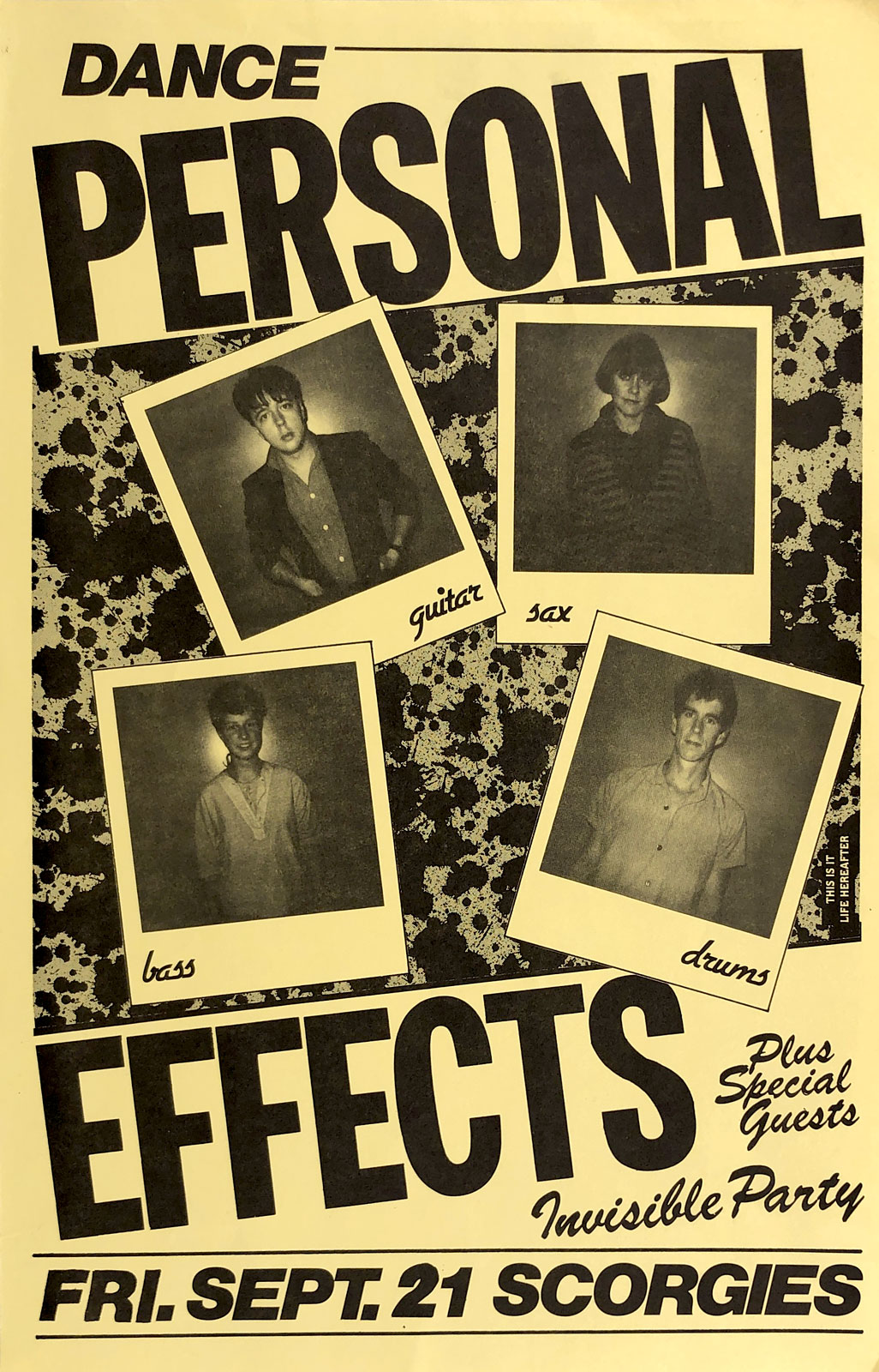 Poster for Personal Effects at Scorgie's in Rochester, New York on 09.21.1984