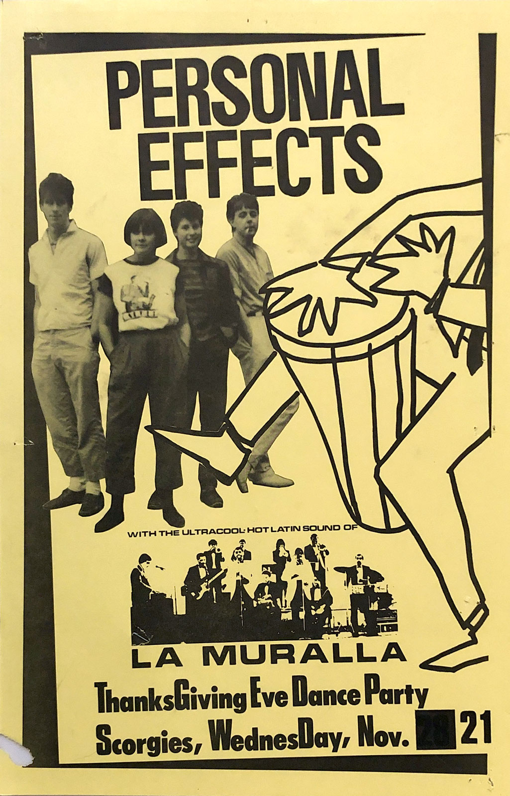 Poster for Personal Effects with La Muralla at Scorgie's in Rochester, New York on 11.21.1984