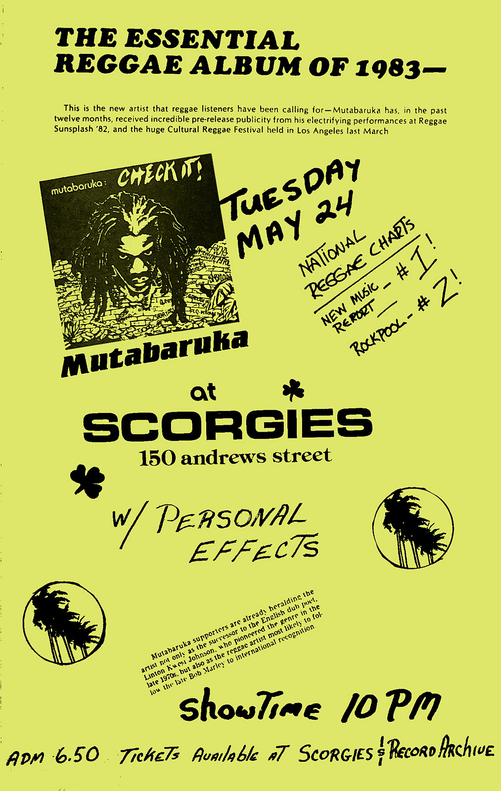 Poster for Mutabaruka and Personal Effects at Scorgie's in Rochester, New York on 05.24.1983. No idea who designed this poster but it was a sensational gig.