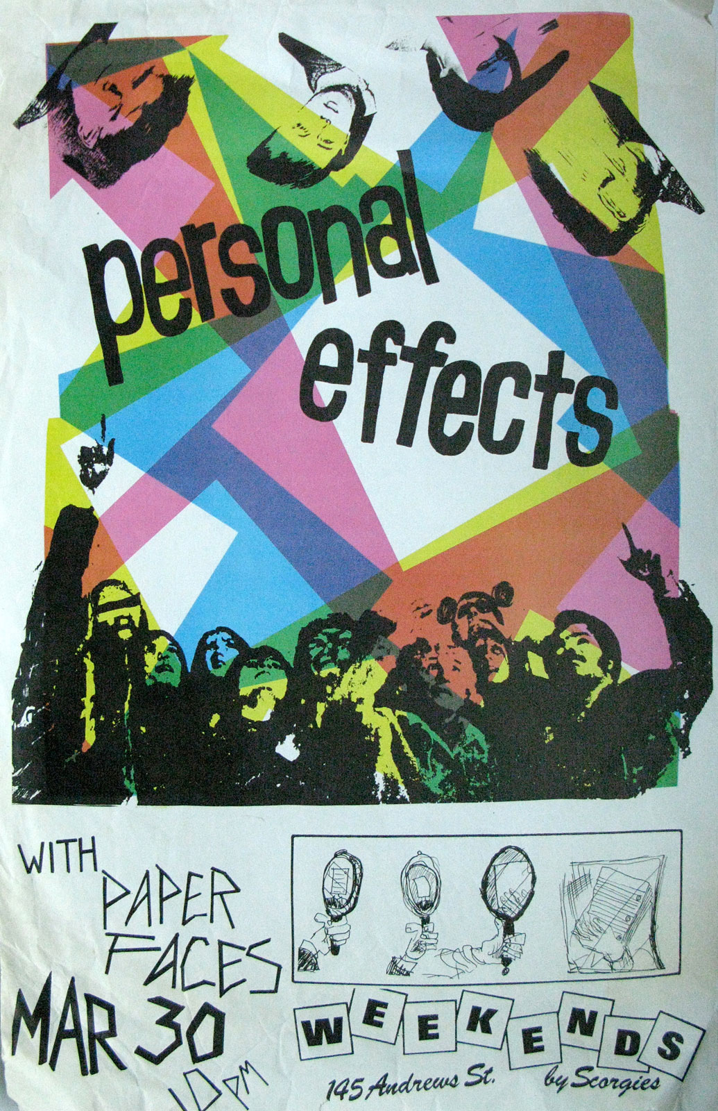 Poster for Personal Effects with Paper Faces at Scorgie's in Rochester, New York on 03.30.1984. Chris Schepp designed this poster and printed it at Midtown Printing.