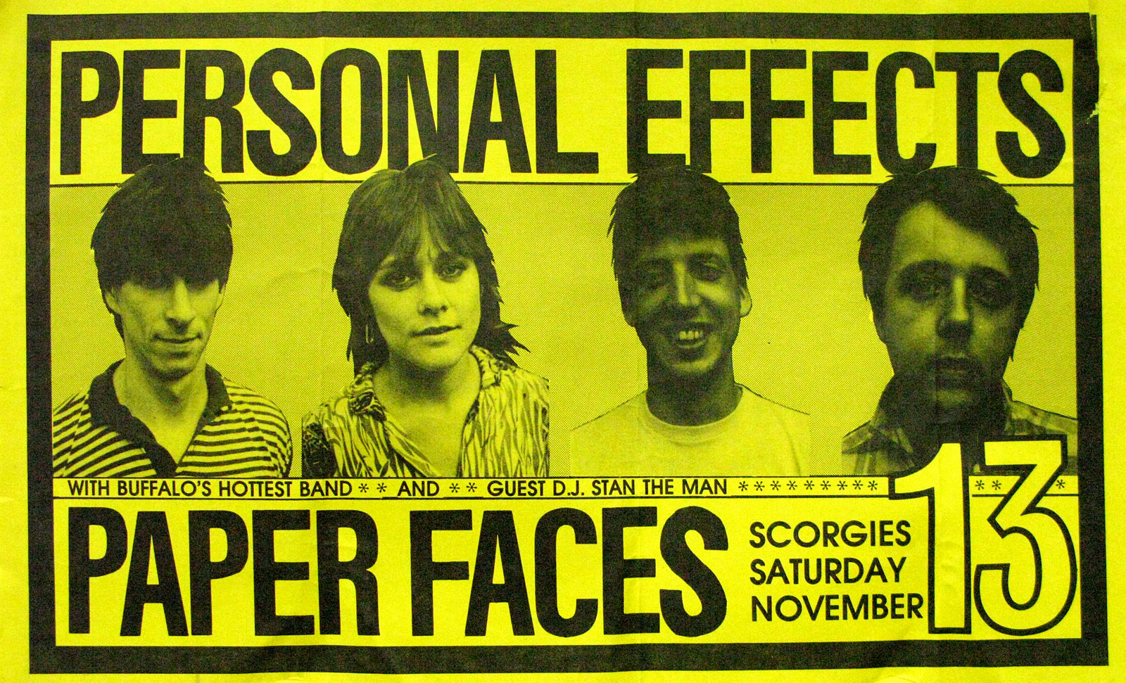 Poster for Personal Effects with Paper Faces at Scorgie's in Rochester, New York on Saturday 11.13.1982