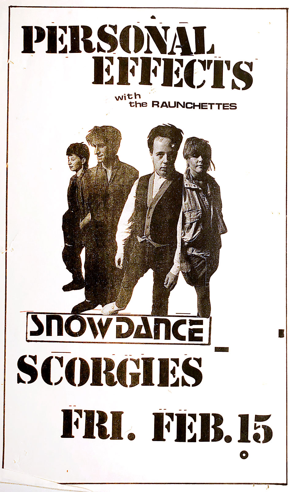 Poster for Personal Effects with The Raunchettes at Scorgie's in Rochester, New York on 02.15.1985