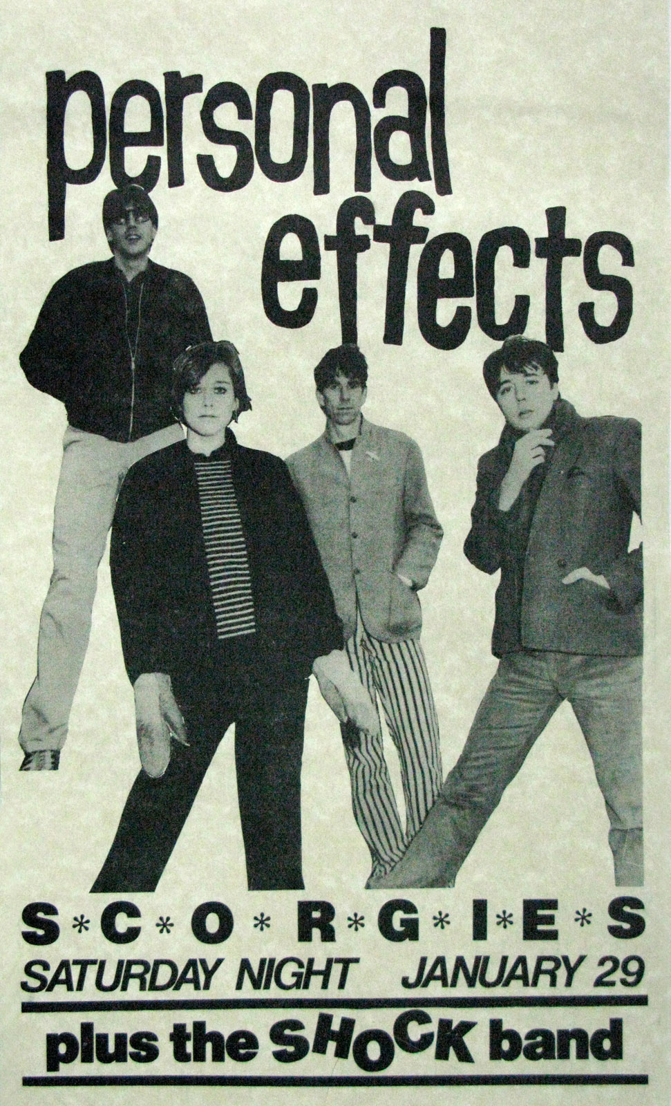Poster for Personal Effects with the Shock Band at Scorgie's in Rochester, New York 01.29.1983