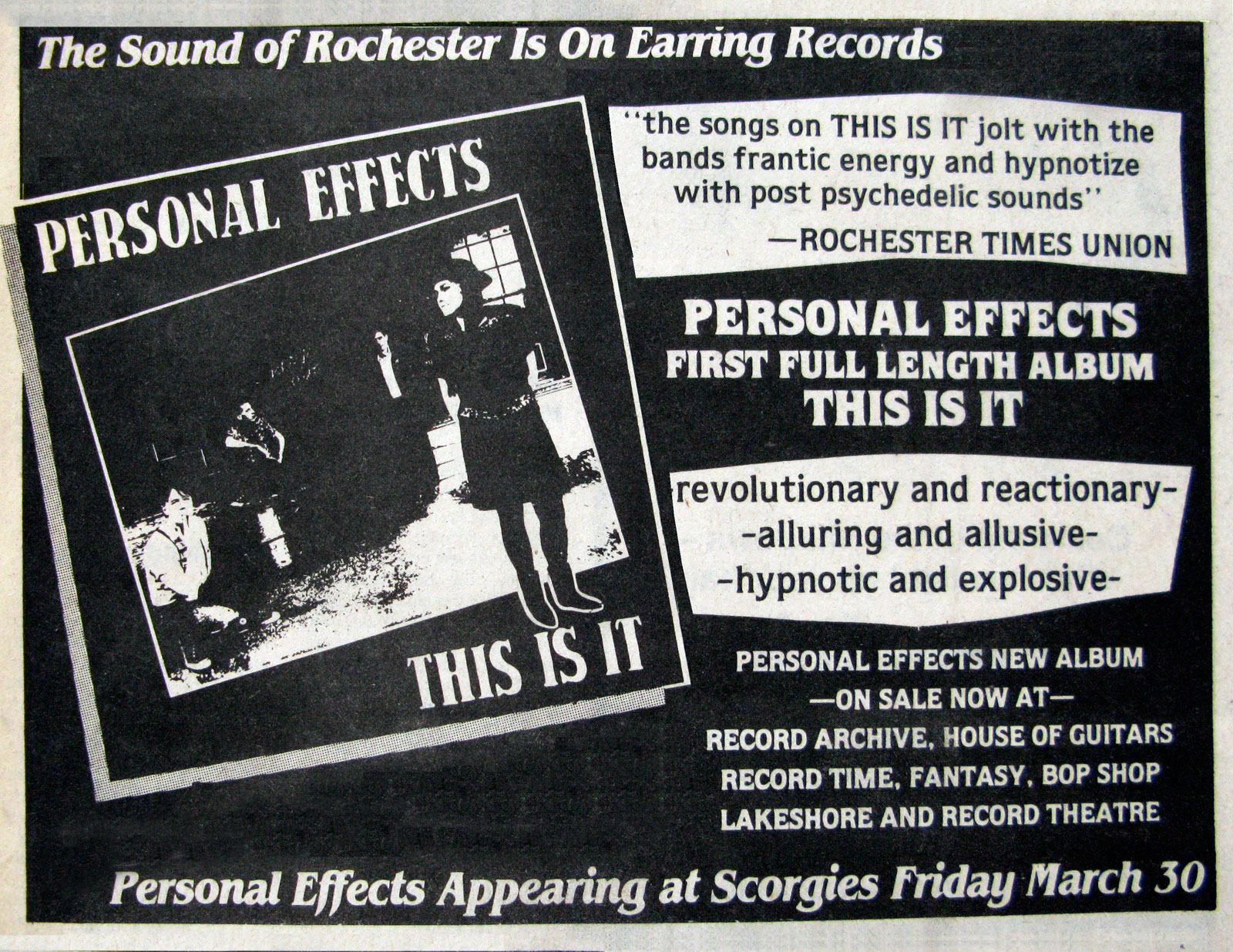 Poster for Personal Effects at Scorgies in Rochester, New York 03.30.1984