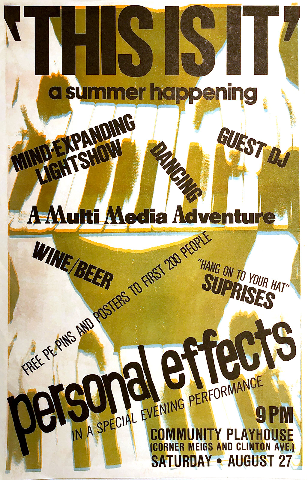 Poster for Personal Effects multi-media show at Community Playhouse, now Swillburgers, in Rochester, New York 08.27.1983