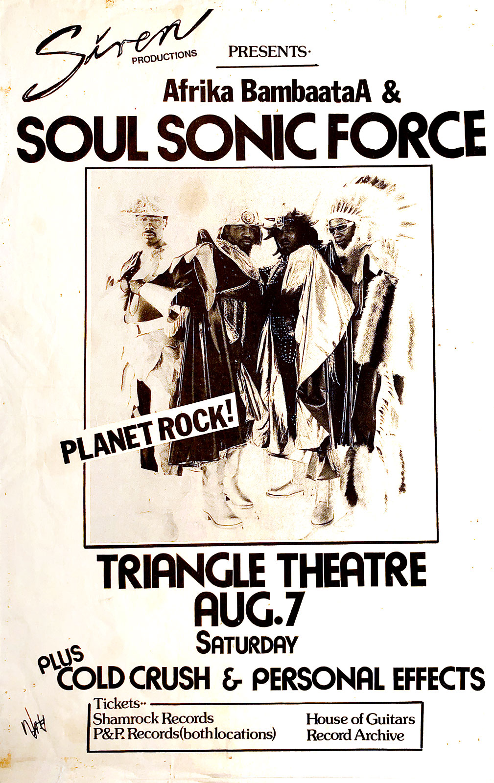 Poster for Soul Sonic Force, Personal Effects and Clod Crush at the Triangle Theater in Rochester, New York on 08.07.1982