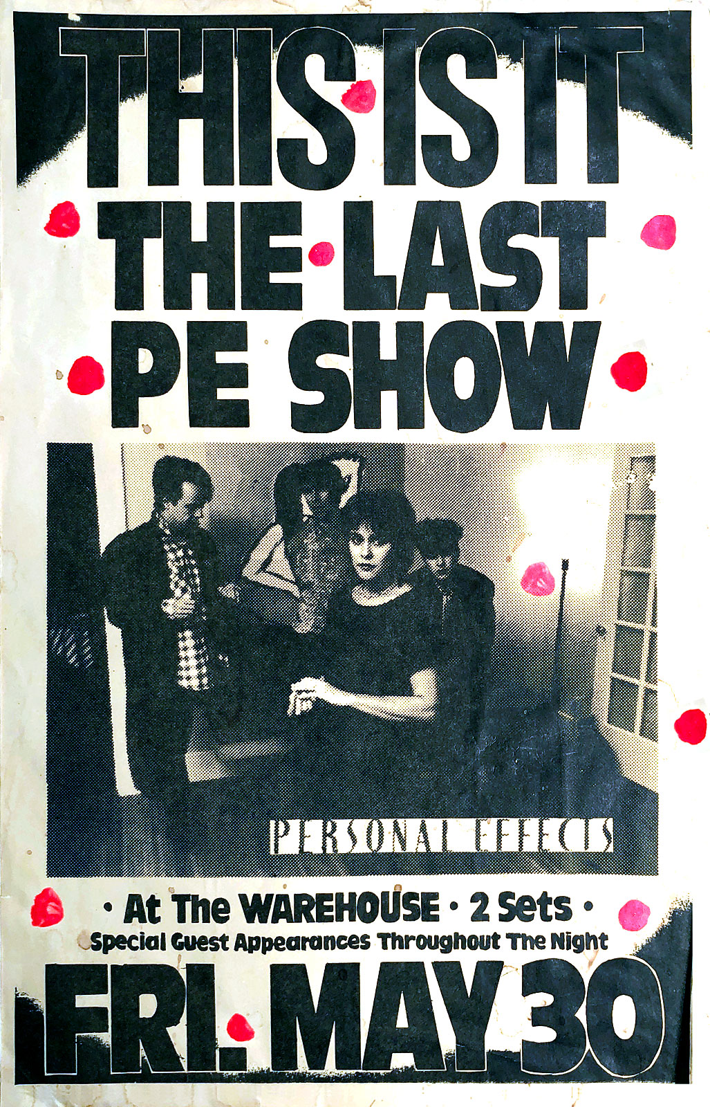 Poster for Personal Effects with Virgin Headset at The Warehouse in Rochester, New York on 053086. Billed as the last Personal Effects show the band reuntited to play the Planetarium gigs in 1987 and also played a few reunion shows.