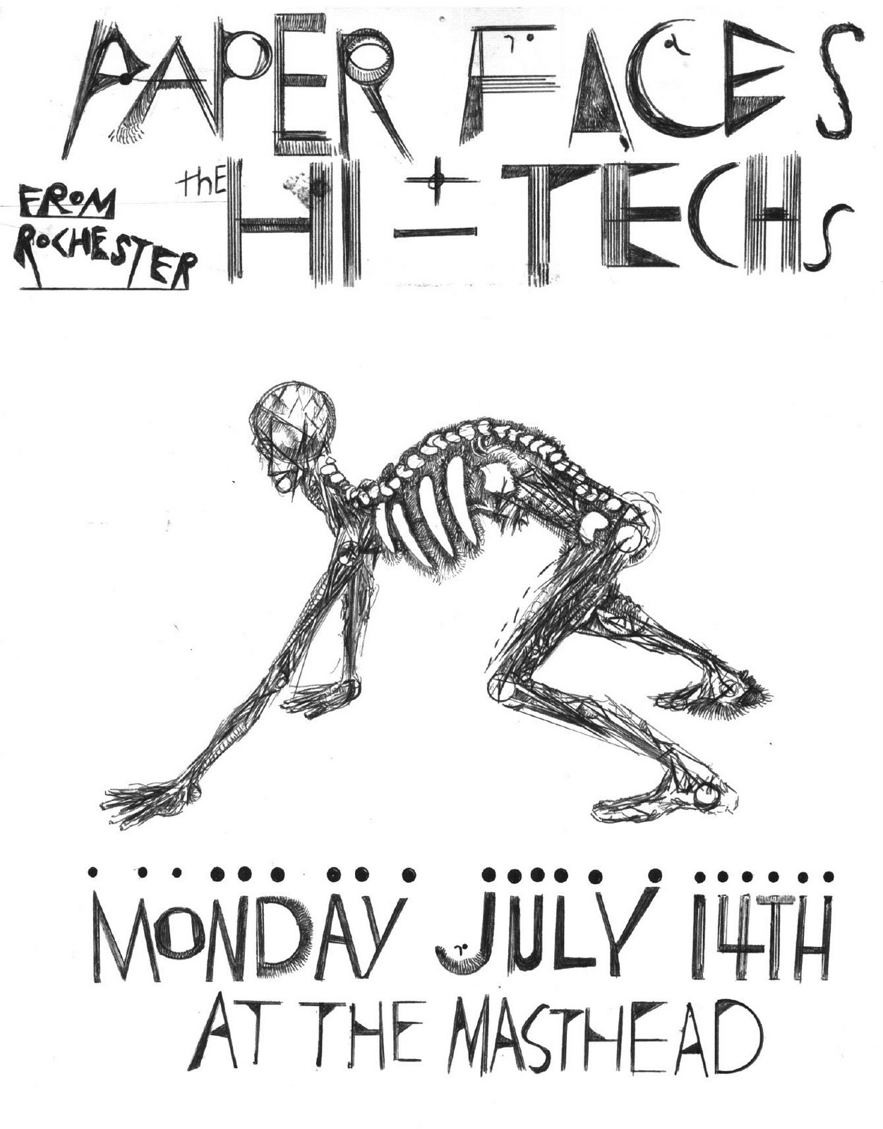Paul Szp's poster for Paper Faces and Hi-Techs at The Masthead in Buffalo, New York 07.14.1980.