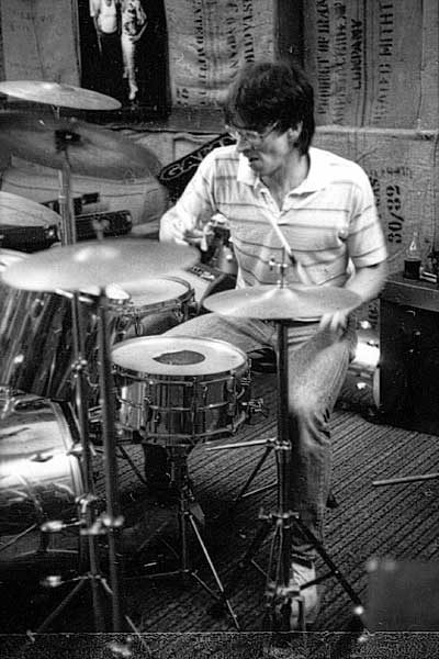 Paul Dodd playing drums with Hi-Techs in WCMF studio, Rochester, New York.