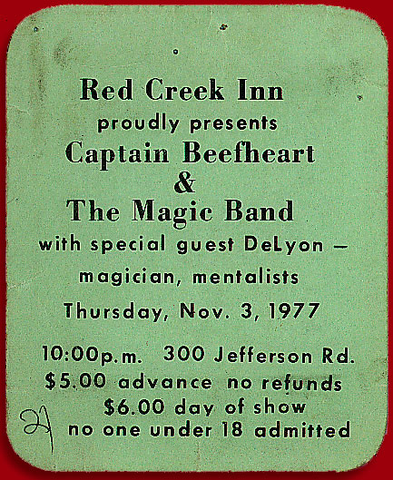 Five dollar ticket for Captain Beefheart & The Magic Band at Red Creek Inn in Rochester, New York 1977