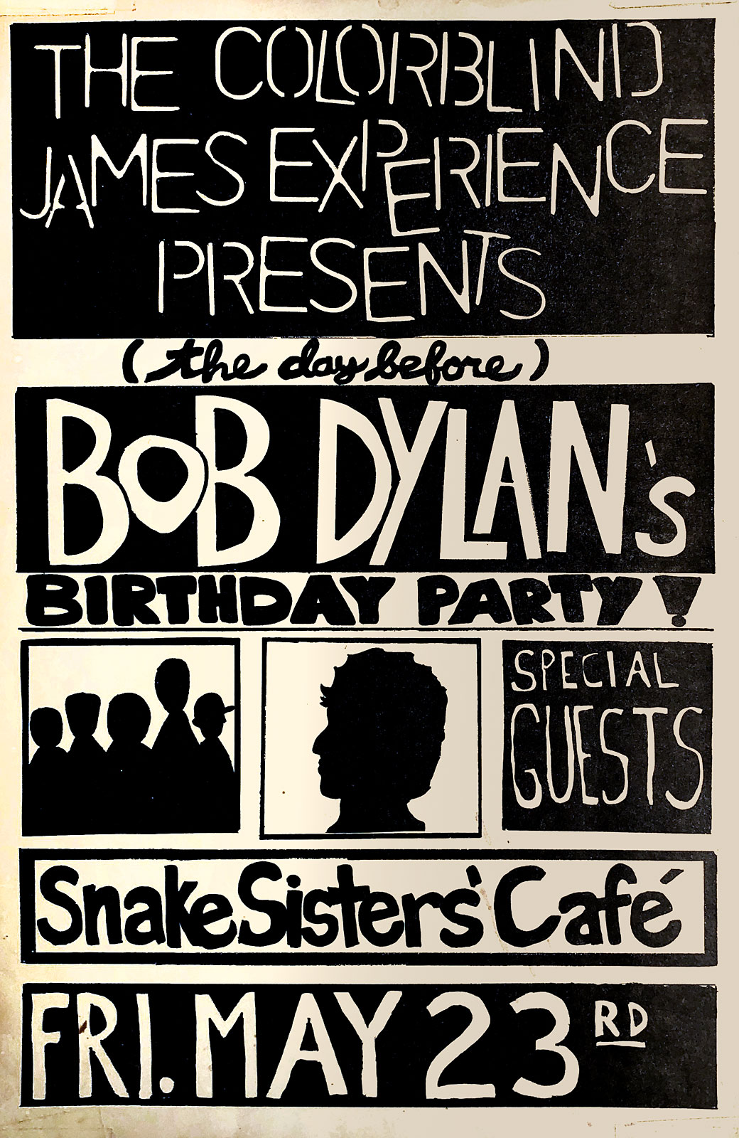 Poster by Chuck Cuminale for Colorblind James Experience Presents (the day before) Bob Dylan's Birthday Party with special guests, 05.23.1986