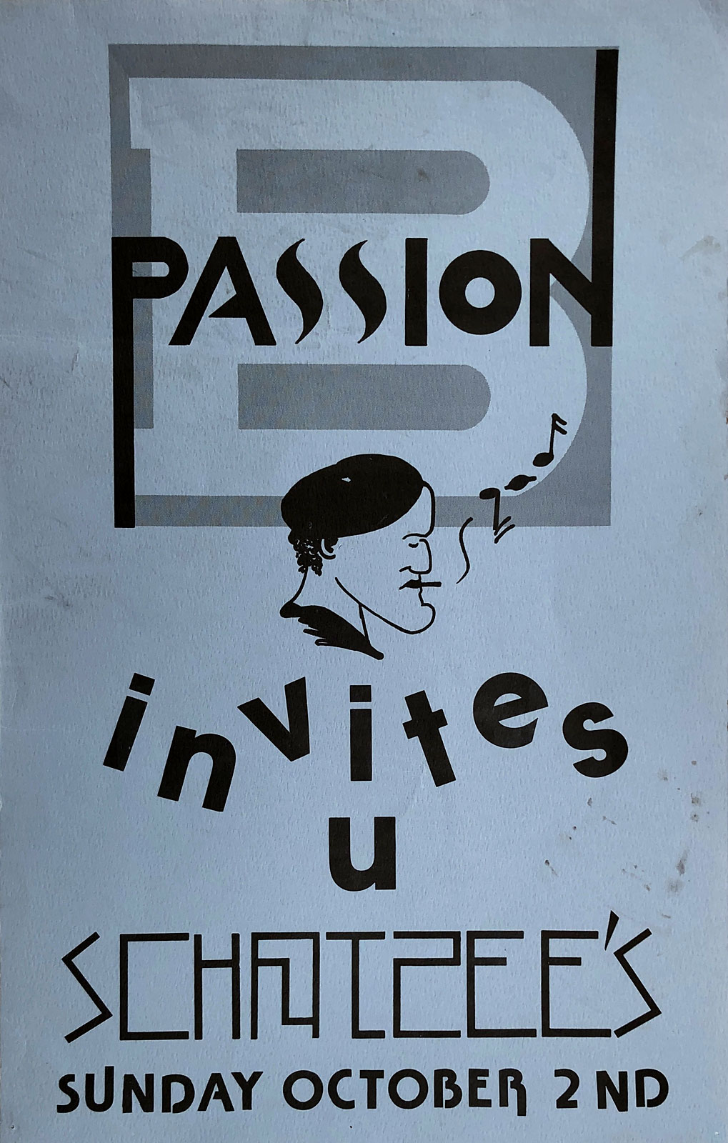 Tim Dodd poster for Passion B performance at Scorgie's in Rochester, New York 10.02.1984
