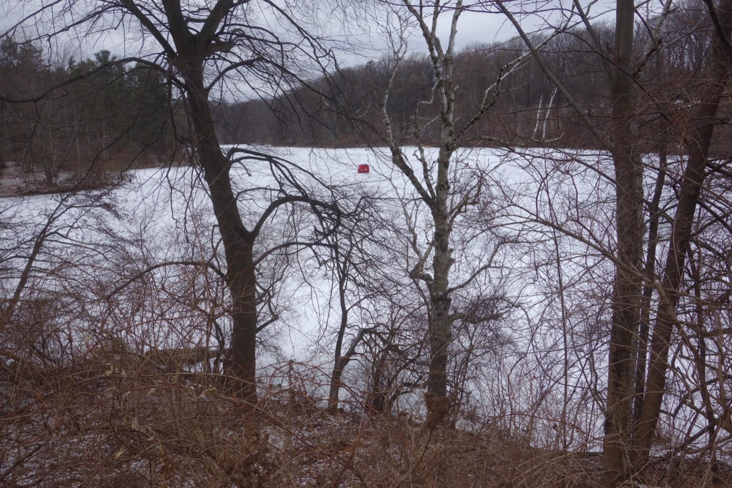 Red ice-fishing tent on Durand Lake in Rochester, New York