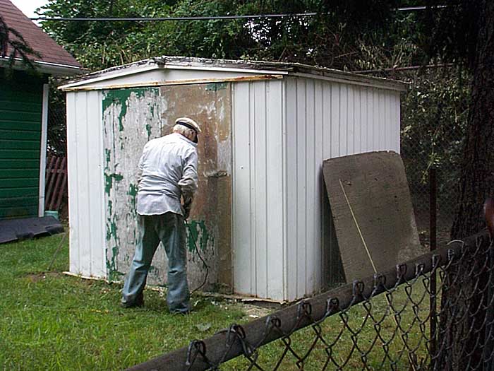 Sparky takes an electric sander to the shed door.