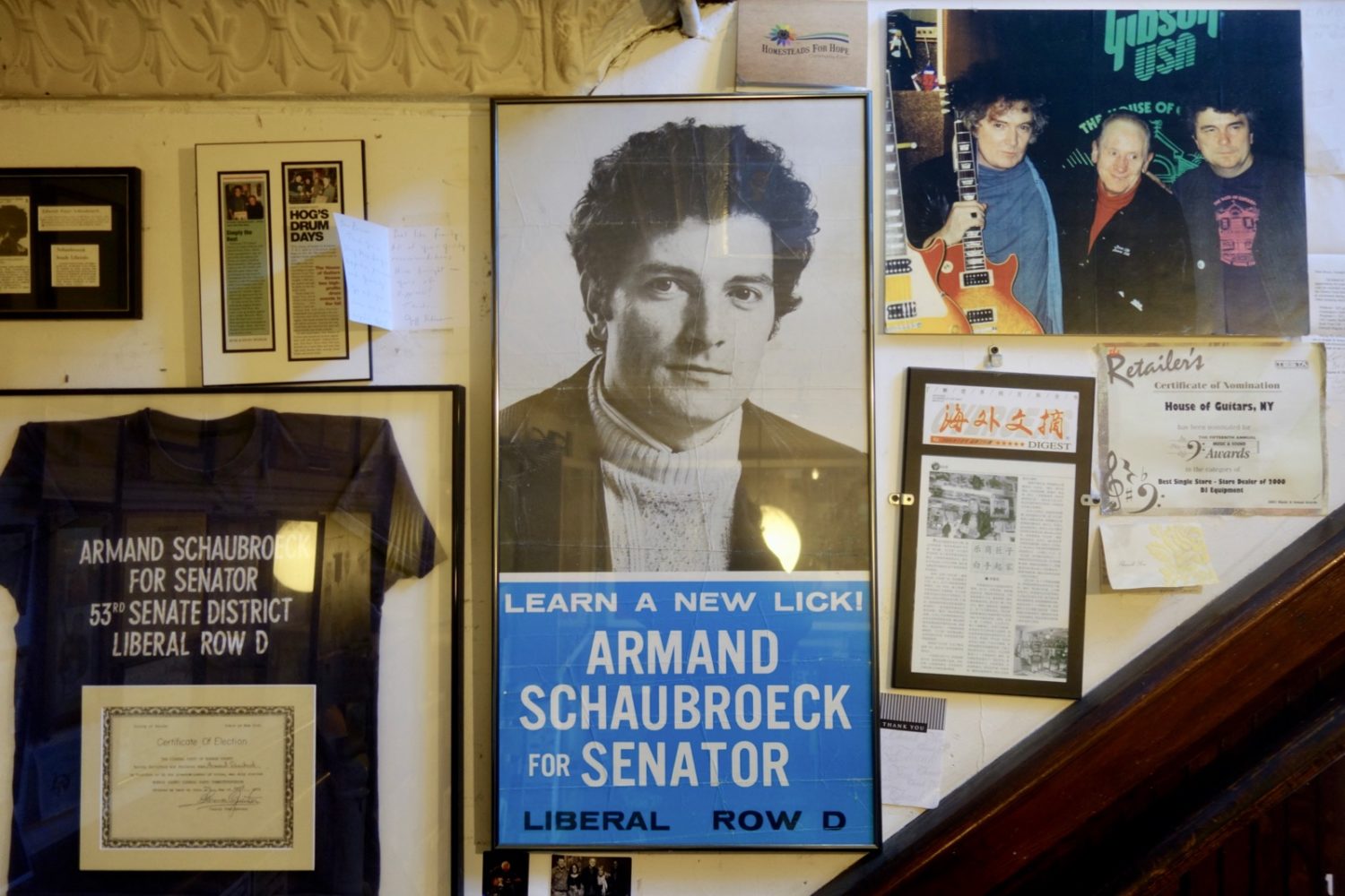 Armand Schaubroeck For State Senate poster at House of Guitars in Rochester, New York