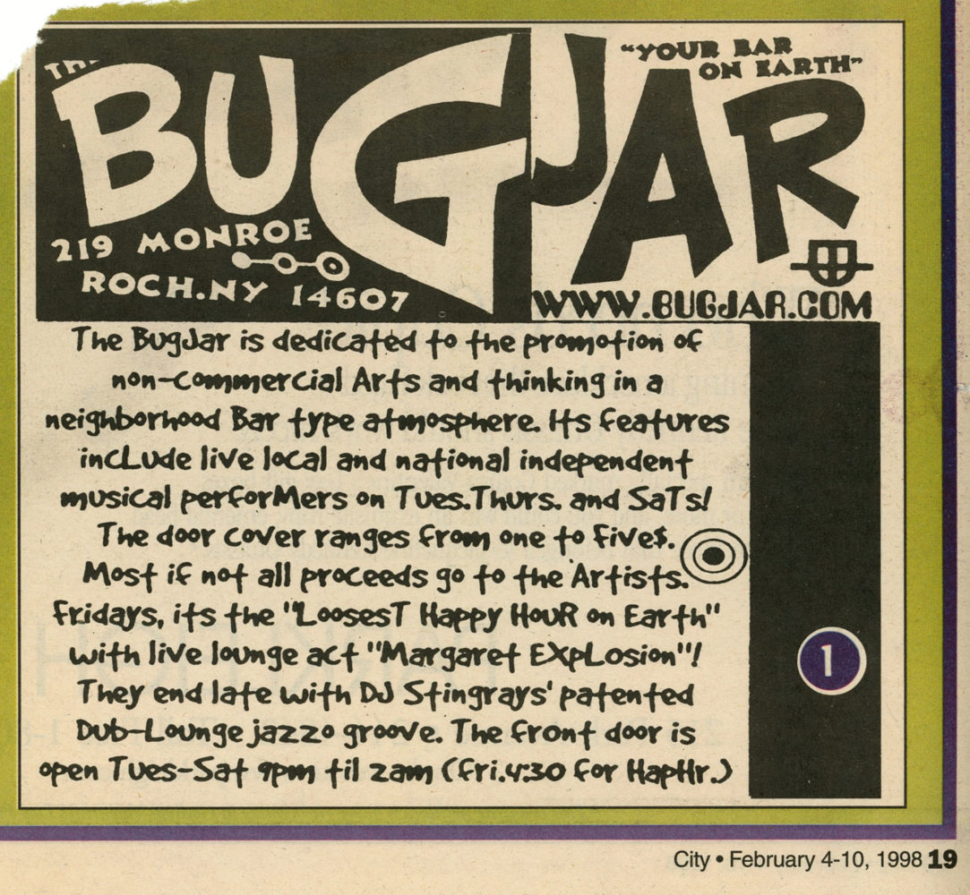City Newspaper ad for the Bug Jar featuring Margaret Explosion Fedruary 1997