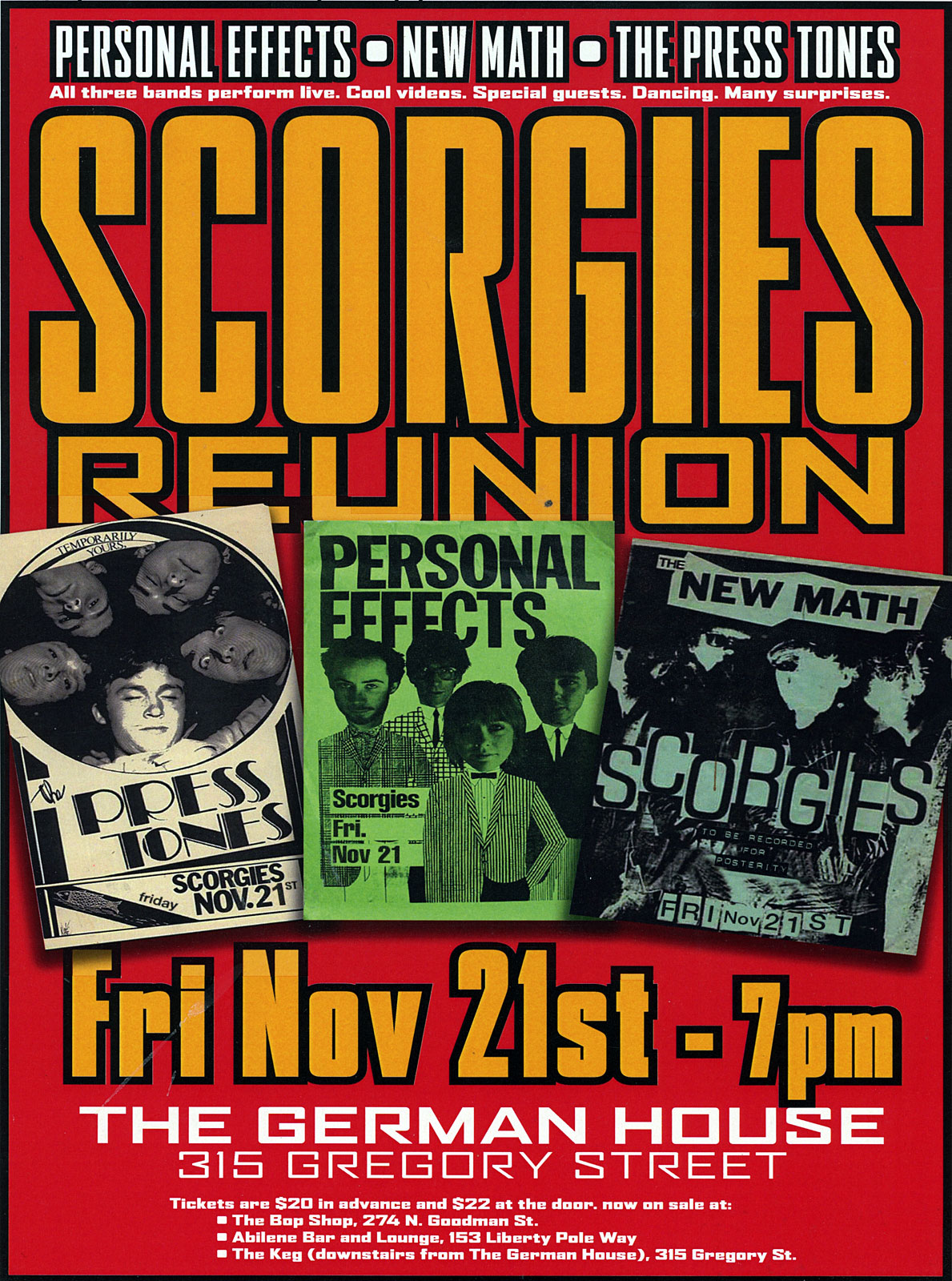 Poster for Scorgie's Reunion Concert at the German House in Rochester, New York in 2008. Show featured The Presstones, New Math and Personal Effects.