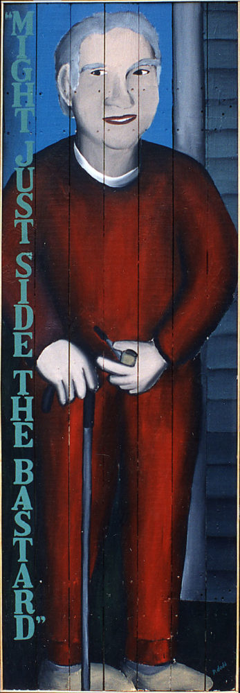 "Might Just Side The Bastard" - Sparky painting by Paul Dodd. "Sparky Goes To A Gig" - Sparky painting by Paul Dodd. House Paint on Wood 24"w x 70"h 1992