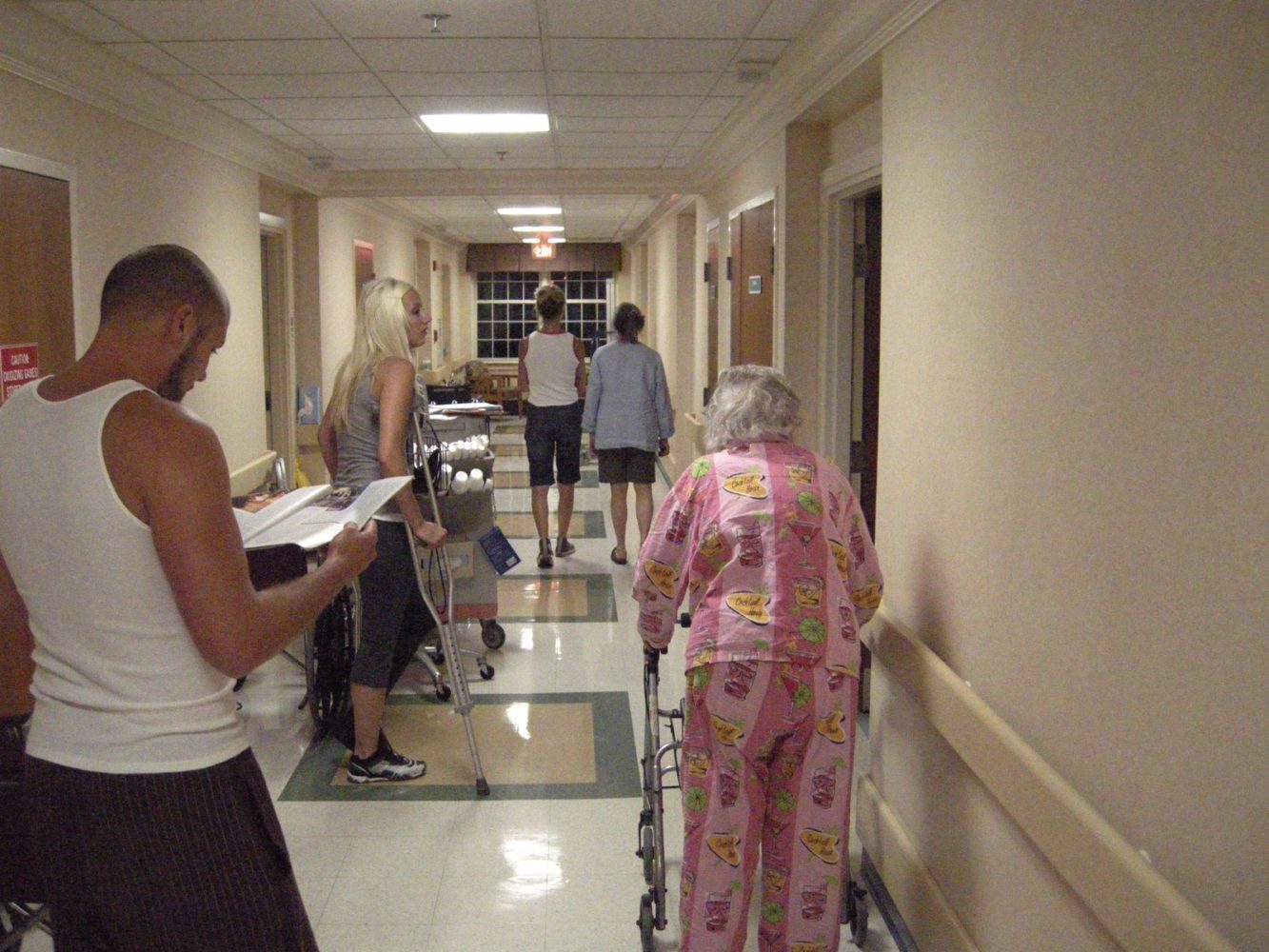 Eric Ryan, Jann, Mary Alice in her Cocktail Hour pjs, Peggi and Ann in the HLC halls