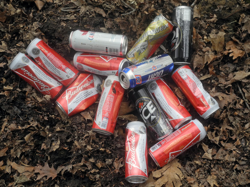 Budweiser cans in pile on Hoffman Road