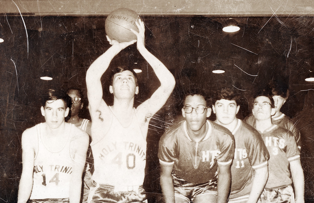 Holy Trinity basketball team, mid sixties. l. to r. Paul Dodd, Alfred Williams, Jim Schneider, Albert Williams, Jim McClellan, Russ Minor's older brother, Bernie Finch